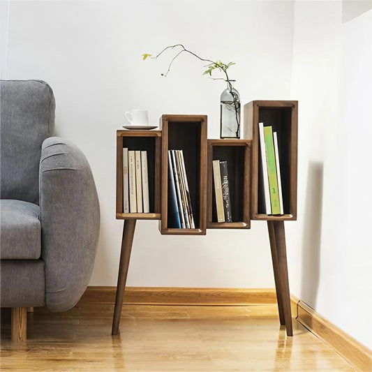 Oak Wood Four Grid  Floor Bookshelf Magazine Cabinet Creative Bedside Table