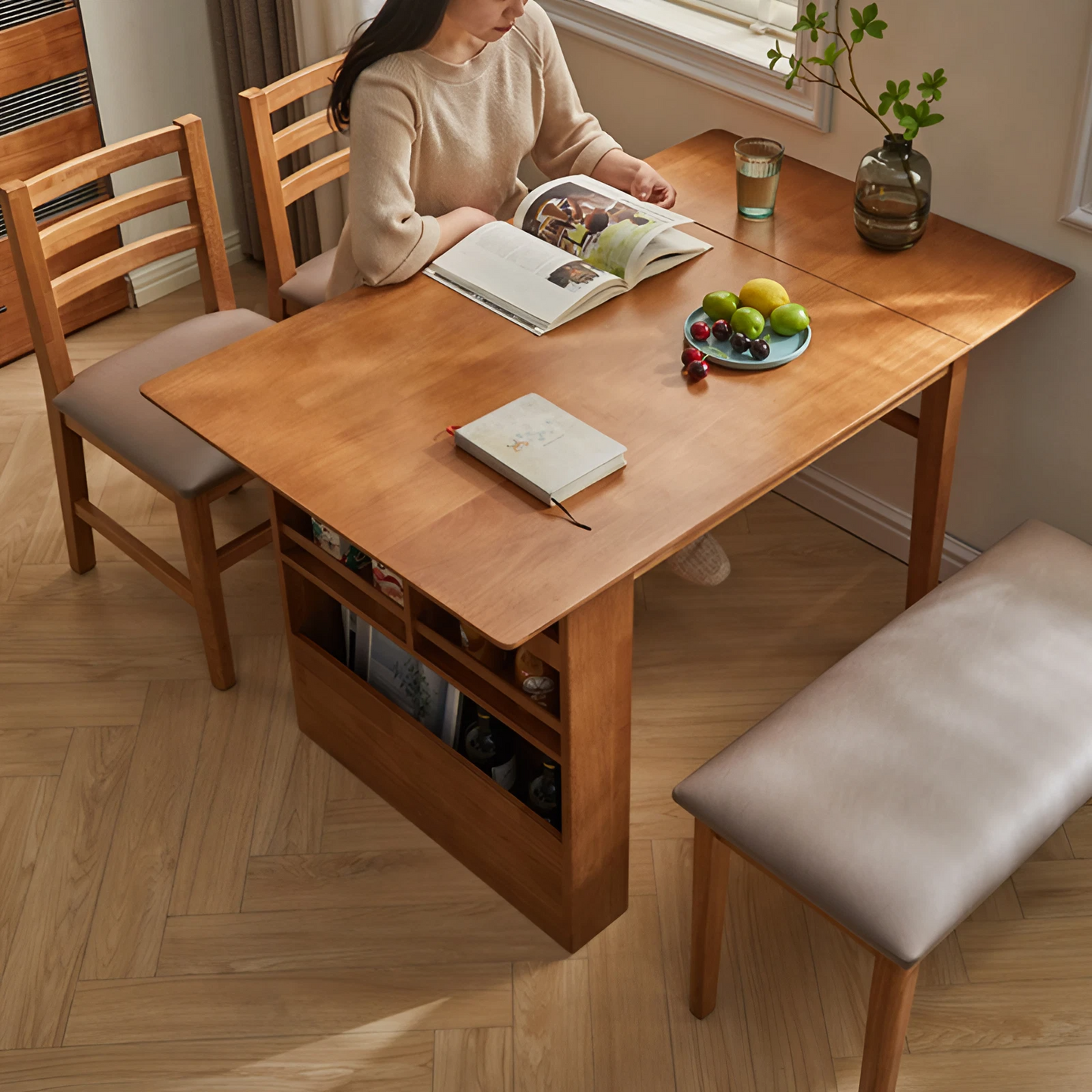 Solid Wood Folding Dining Table With Three-Layer Storage Cabinet - Oak, Walnut