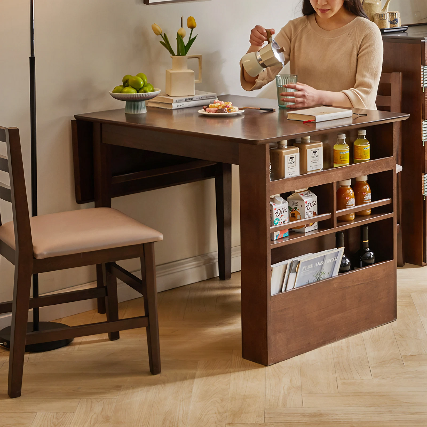 Solid Wood Folding Dining Table With Three-Layer Storage Cabinet - Oak, Walnut