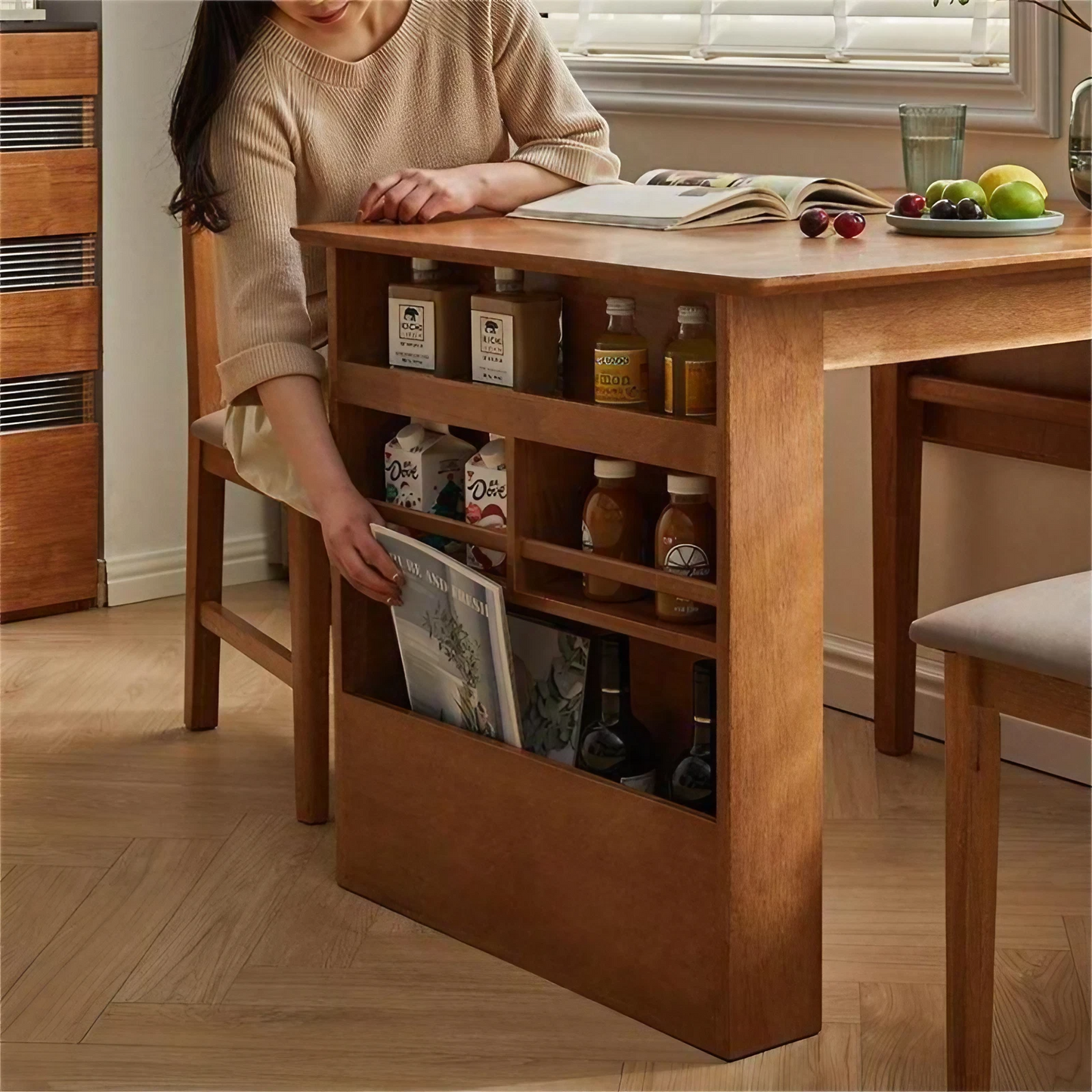 Solid Wood Folding Dining Table With Three-Layer Storage Cabinet - Oak, Walnut