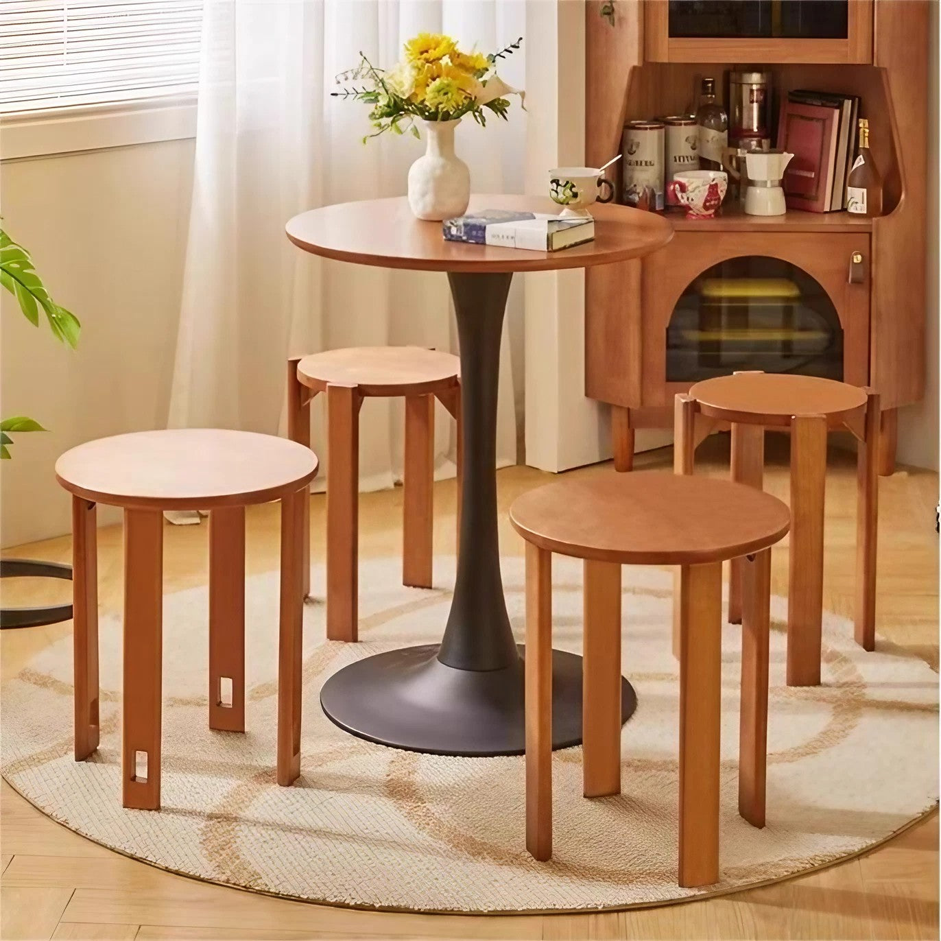 Dining Chair Set of 4 Round Stool Solid Wood Stackable Combination Stool Side Table