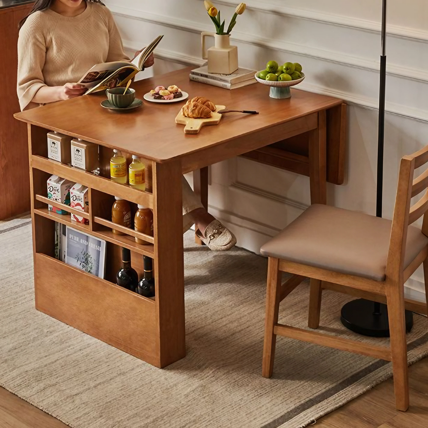 Solid Wood Folding Dining Table With Three-Layer Storage Cabinet - Oak, Walnut