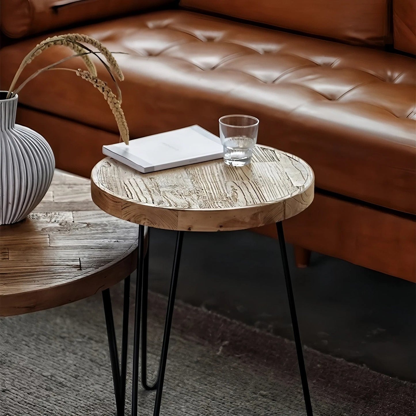 Solid Wood Elm Round Coffee Table Side Table