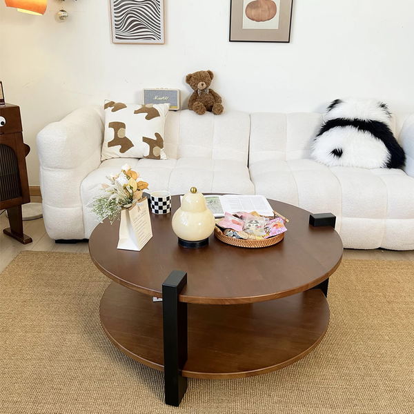 Round Solid Wood Coffee Table with 2-Tier Storage, Sturdy 3-Leg Design