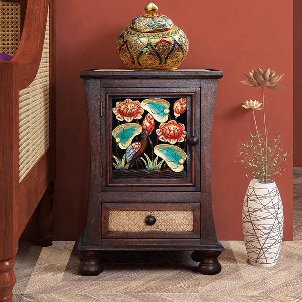 Craftsman style hand carved and rattan bedside table