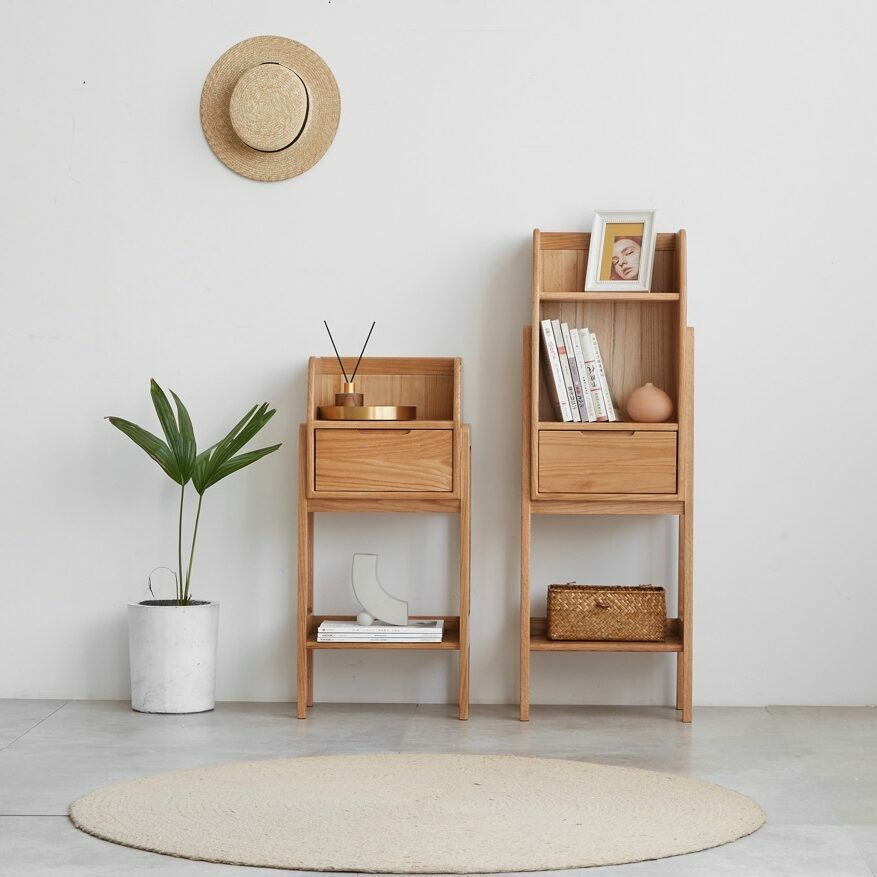 Wooden Storage Shelves Tall Nightstand With Drawers Walnut/Natural