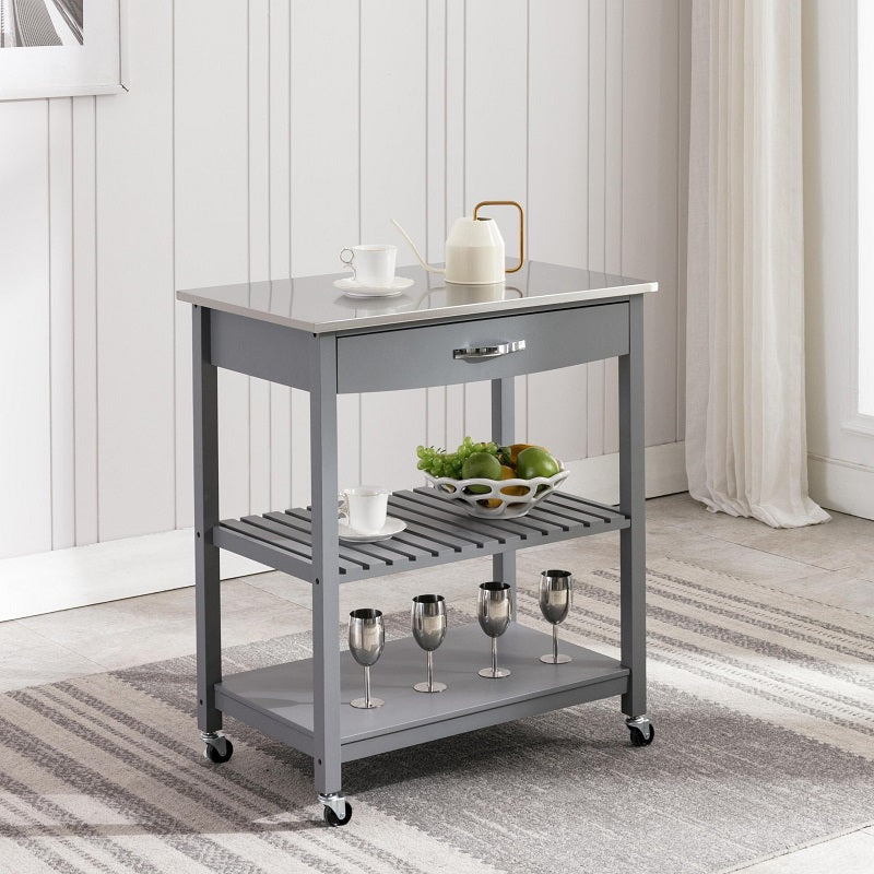 Gray Kitchen Cart with Stainless Steel Top  Mobile Kitchen Butcher Block Table Island With Drawer