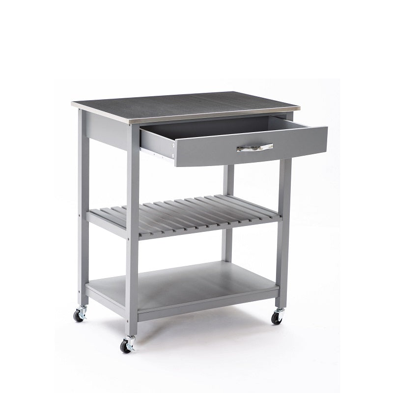 Gray Kitchen Cart with Stainless Steel Top  Mobile Kitchen Butcher Block Table Island With Drawer