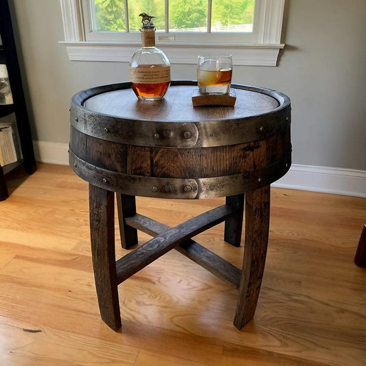 Rustic wooden barrel table in a cozy room featuring a decanter and two glasses of whiskey, showcasing a charming blend of home comfort and classic elegance. Ideal for a relaxed yet stylish living space.