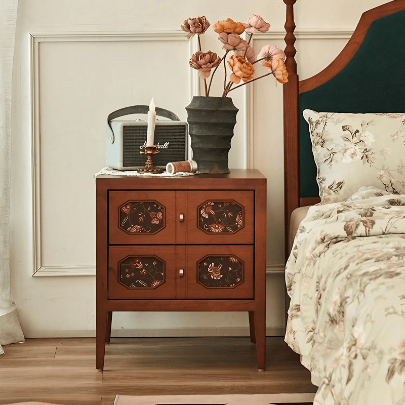 Solid Wood Retro Print Bedside Storage Cabinet