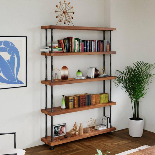 Industrial pipe and wood bookcase, Rustic wood and steel bookshelf - Woodartdeal