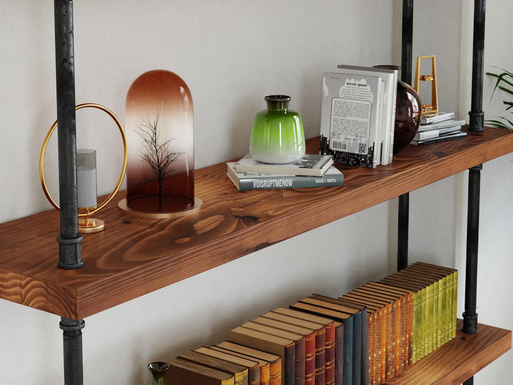 Industrial pipe and wood bookcase, Rustic wood and steel bookshelf - Woodartdeal