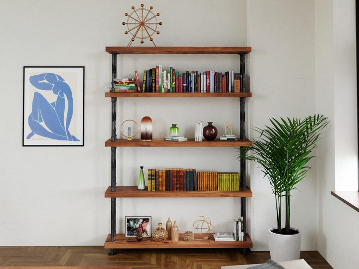 Industrial pipe and wood bookcase, Rustic wood and steel bookshelf - Woodartdeal