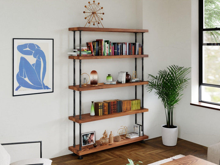 Industrial pipe and wood bookcase, Rustic wood and steel bookshelf - Woodartdeal