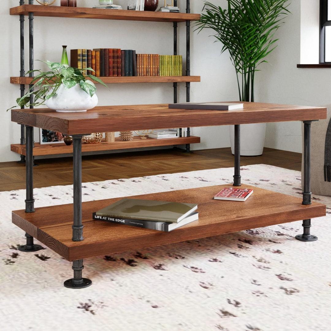 Rustic-industrial style coffee table featuring rich wood tones, double tier design, and metal pipe frame, ideal for a cozy living space. A contemporary focal point for your room decor.