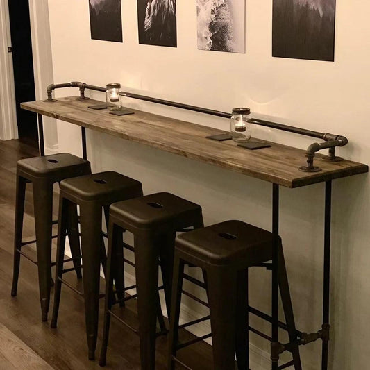 1.2" Thick Industrial Pipe Breakfast Bar Table -  Distressed Solid Wood Bar Table