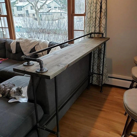 1.2" Thick Industrial Pipe Breakfast Bar Table -  Distressed Solid Wood Bar Table