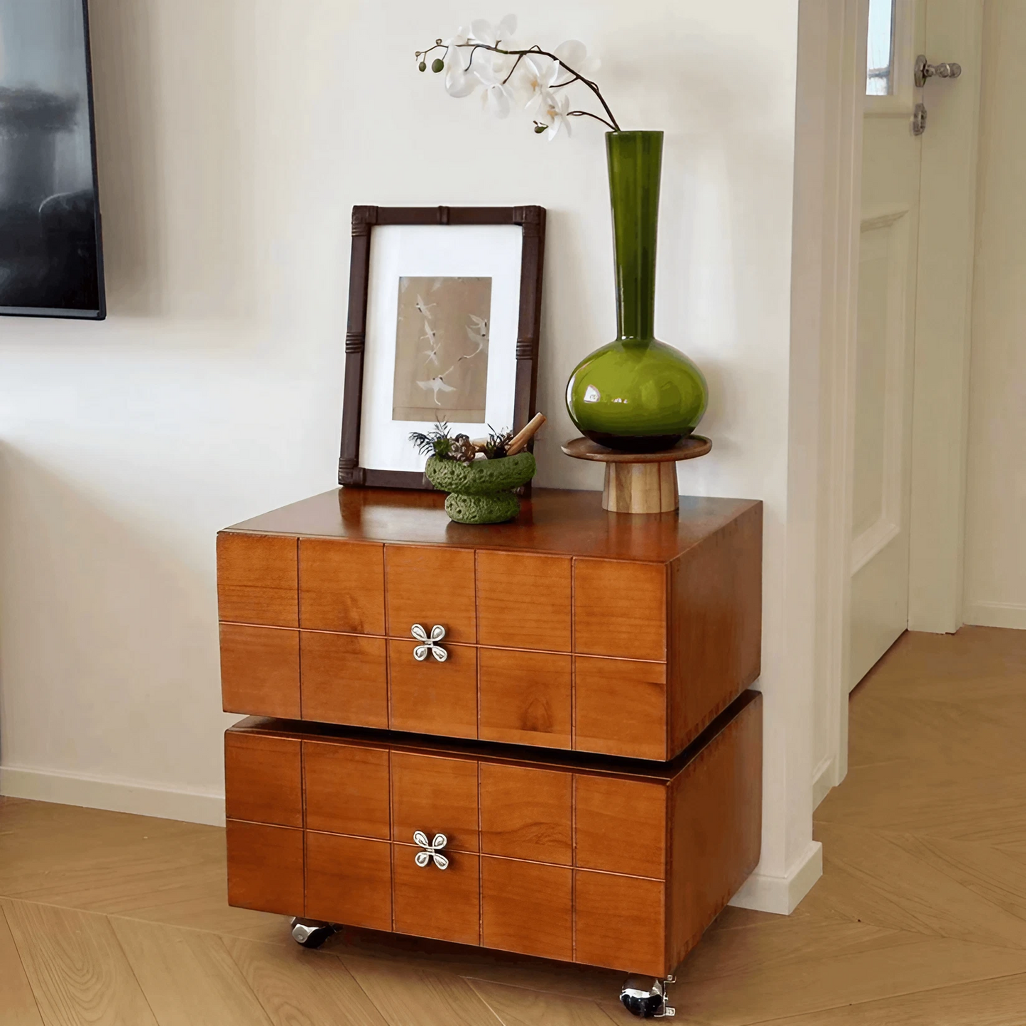 Rotatable Double Layer Solid Wood Nightstand with Wheels And Movable Drawer Storage Bedside Cabinet