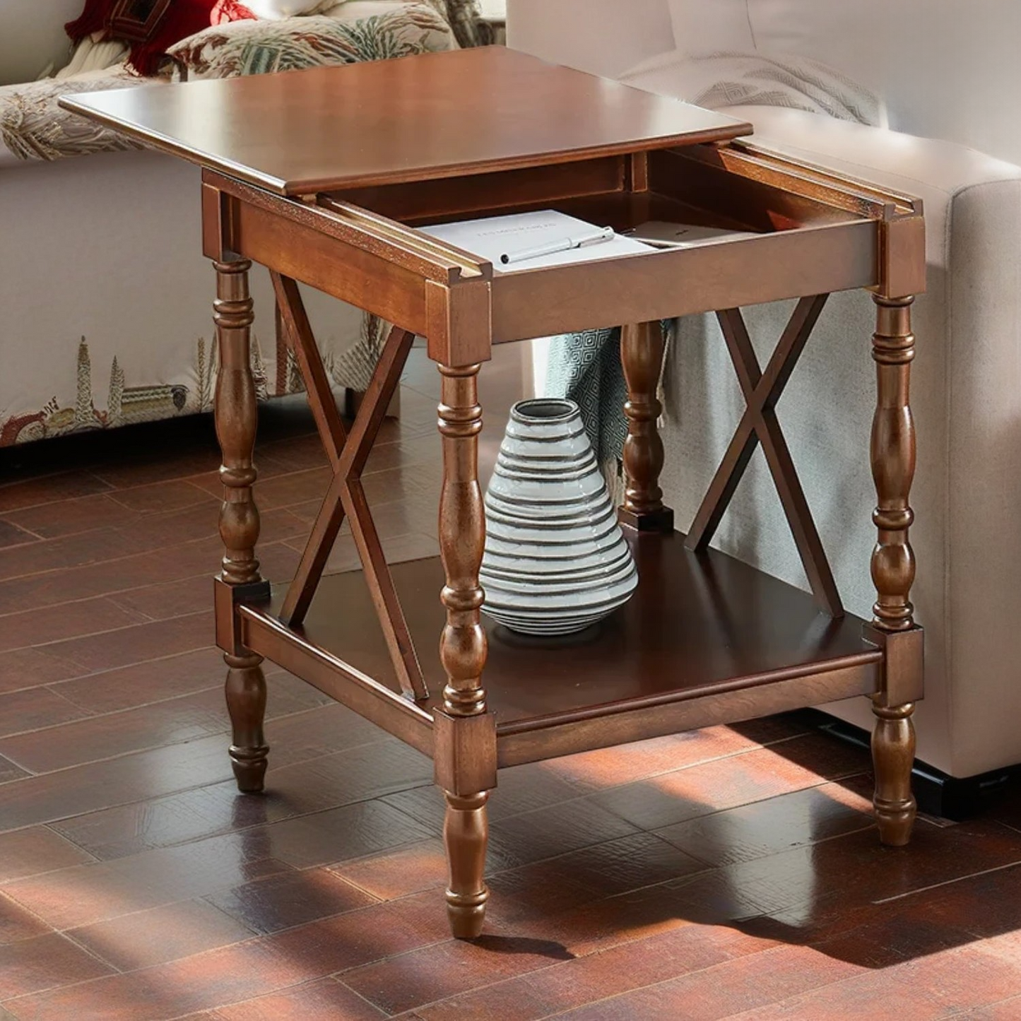 Oak Wood Sofa Side Table with Sliding Tabletop, Roman Column Table Legs Design Square Table