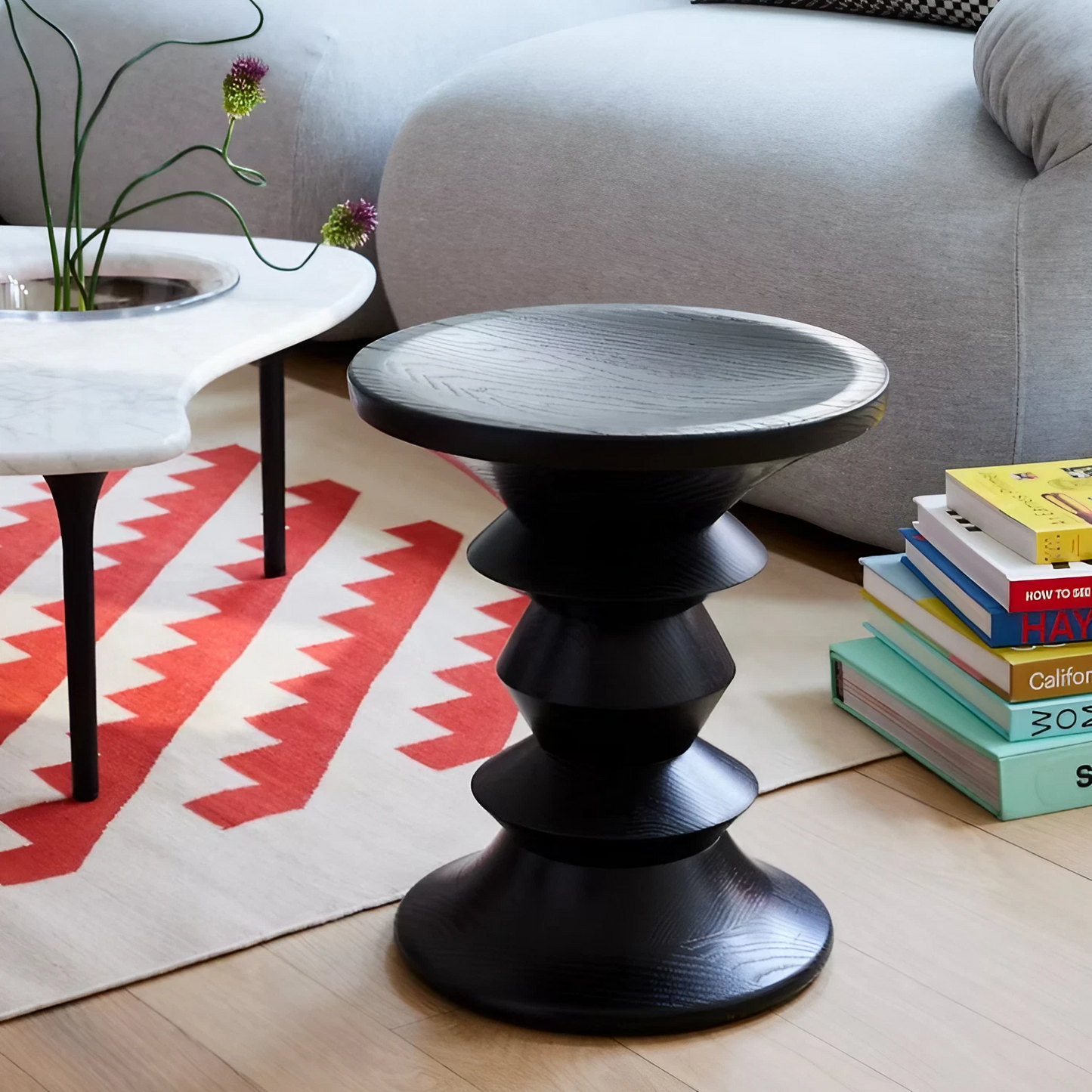 Vintage Walnut Handcrafted Solid Columns Stool Side Table