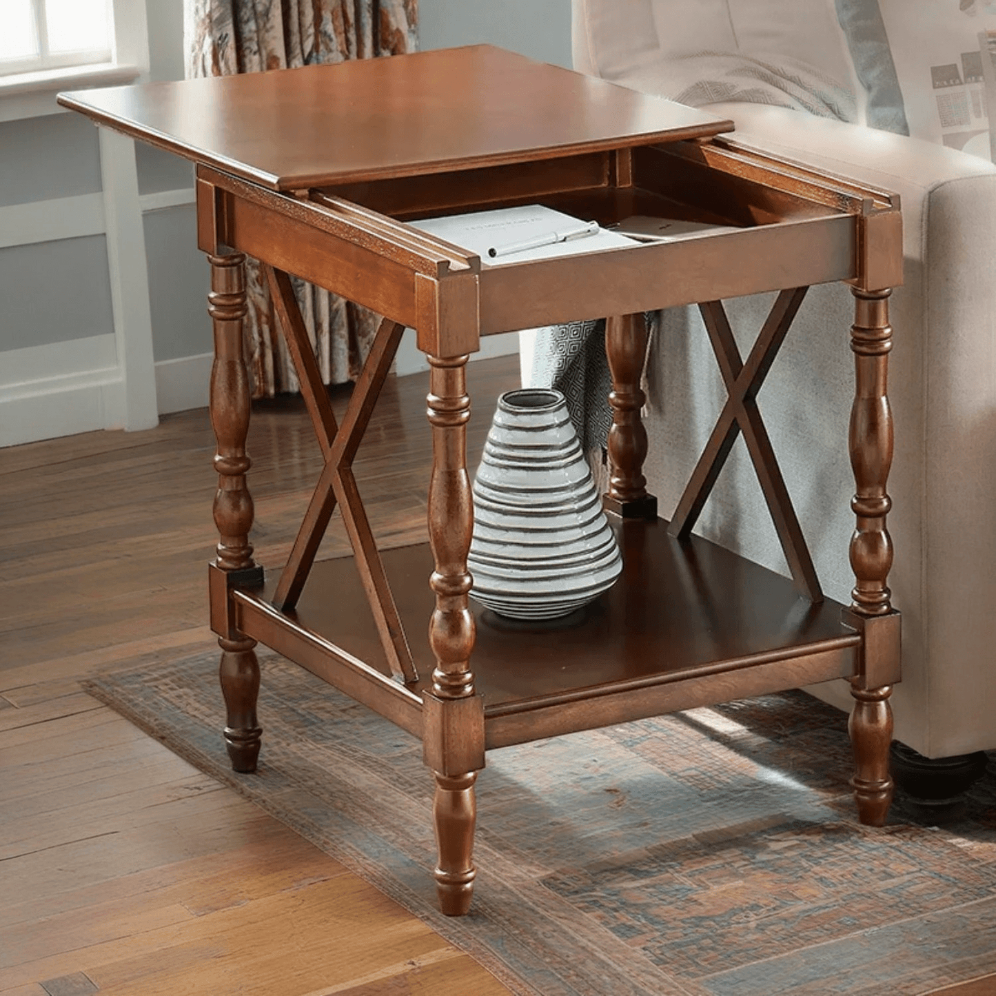 Oak Wood Sofa Side Table with Sliding Tabletop, Roman Column Table Leg ...