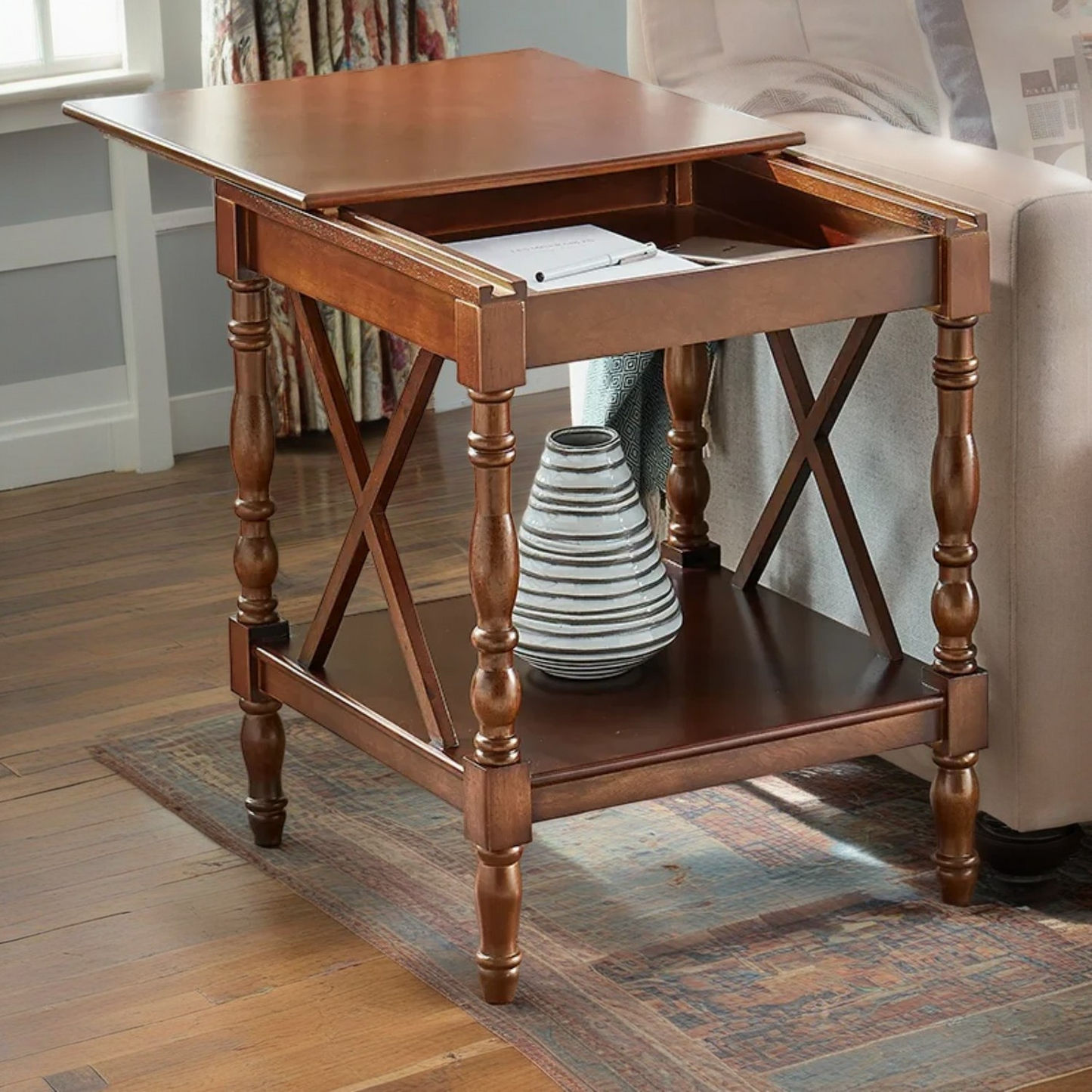 Oak Wood Sofa Side Table with Sliding Tabletop, Roman Column Table Legs Design Square Table