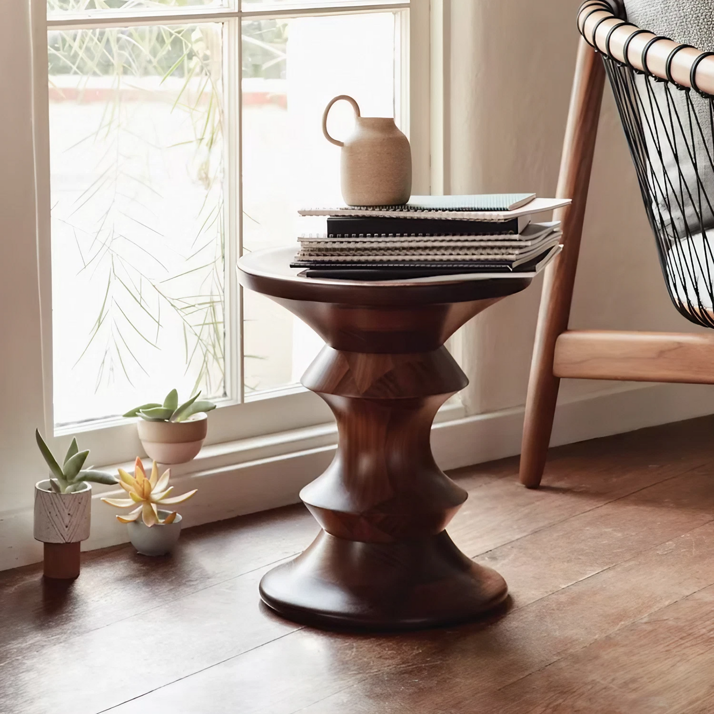 Vintage Walnut Handcrafted Solid Columns Stool Side Table