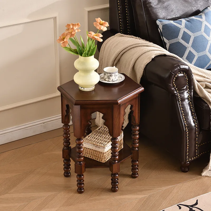 Hollow Hexagon Solid Wood End Table with Double Pedestal Base Storage Side Table Corner Table