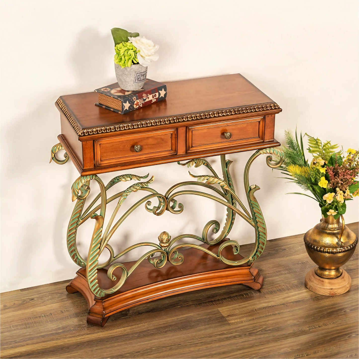 Retro Solid Wood Carving Console Table With 2 Drawers, Metal Flower Vine Table Legs