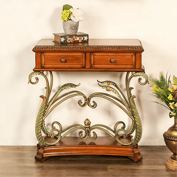 Retro Solid Wood Carving Console Table With 2 Drawers, Metal Flower Vine Table Legs