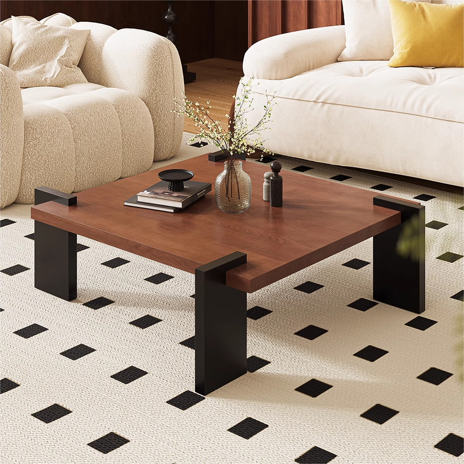 Solid Wood Square Coffee Table with Black Wooden Base, Heavy Wood Short Center Table