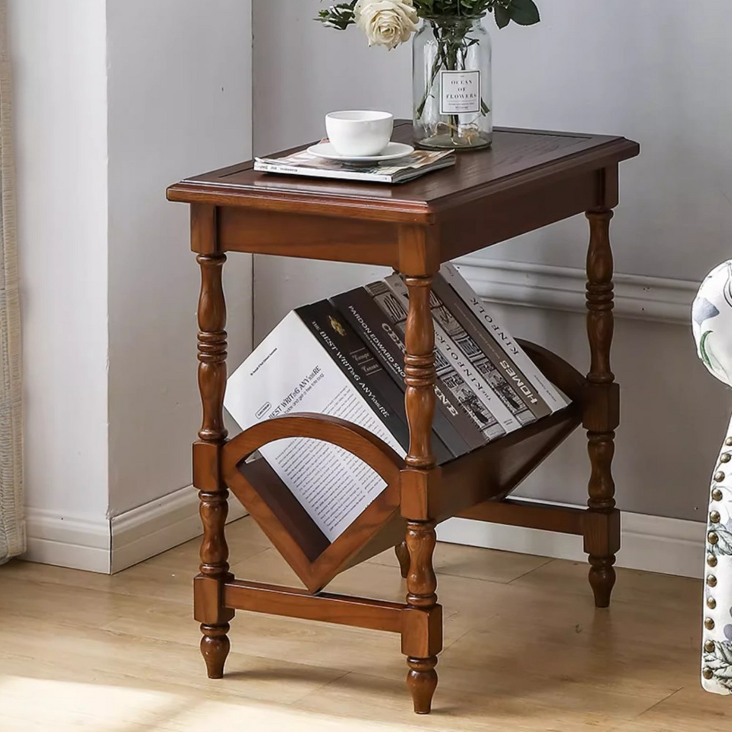 Oak Newspaper Rack, V-Shaped Bookshelf, Living Room Telephone Table