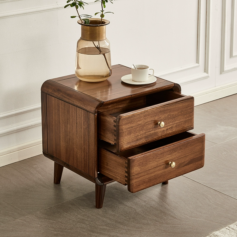 Walnut Solid Wood Double Drawer Nightstand Bedroom Bedside Cabinet