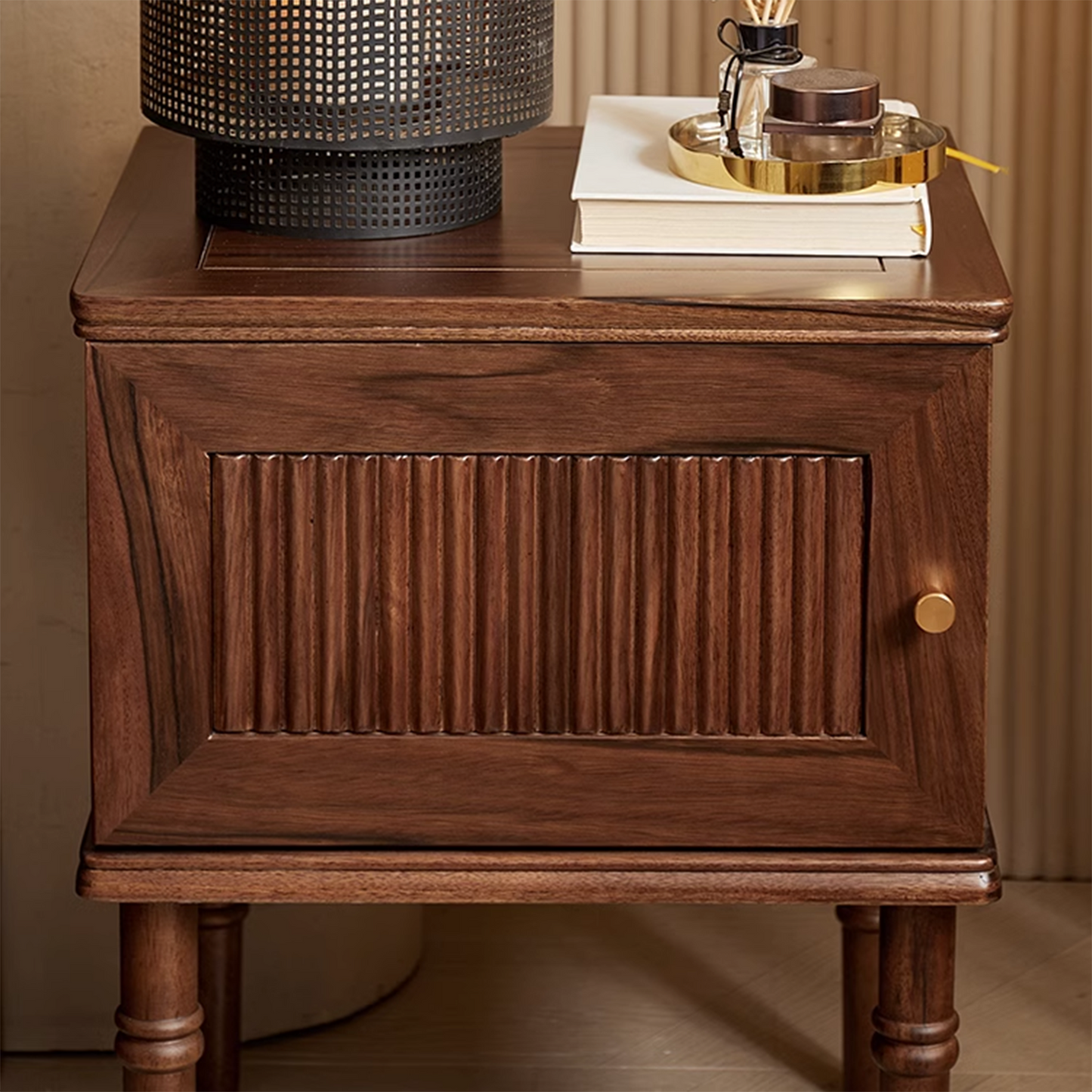 Retro Black Walnut Solid Wood Nightstands Left-Opening Storage Cabinet