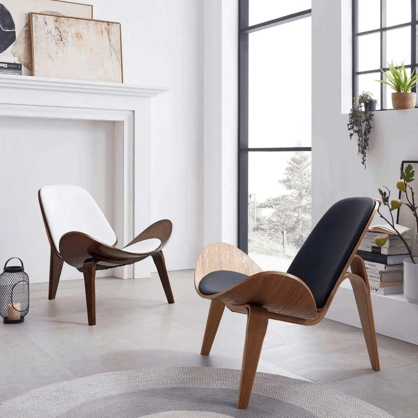 Modern Shell Chair Italian Leather Lounge Chair , Walnut