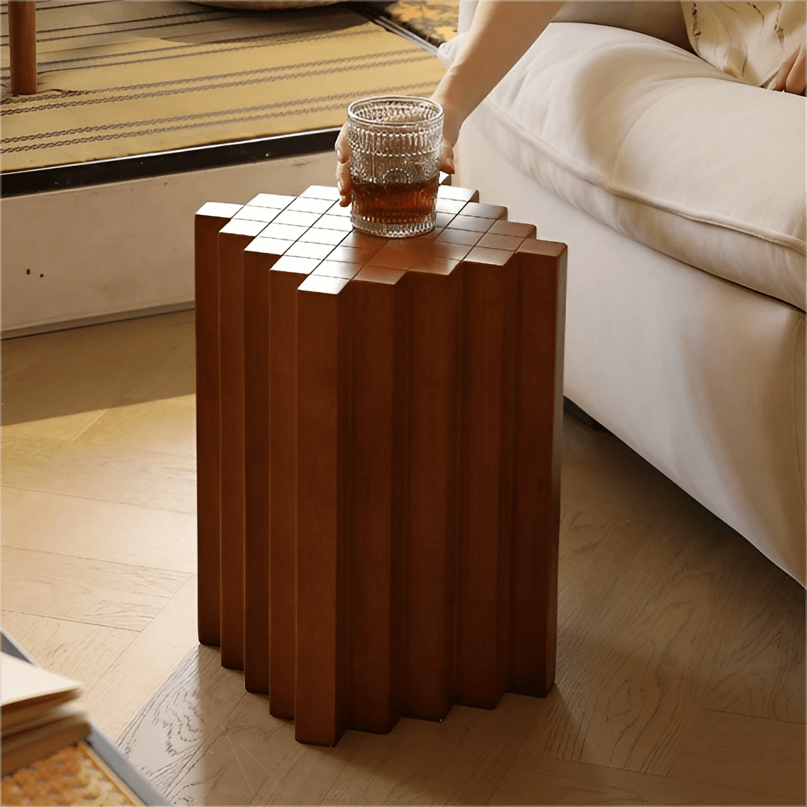 Checkerboard Inspired Side Table - Oak Wood - Patchwork Design