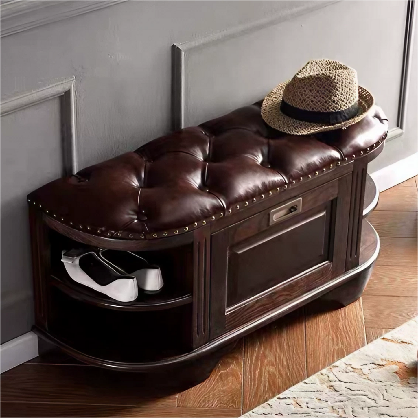 Shoe Storage Bench with Flip Down Drawer, Entryway Shoe Semicircle Bench, Versatile 2 In 1 Shoe Bench And Rack