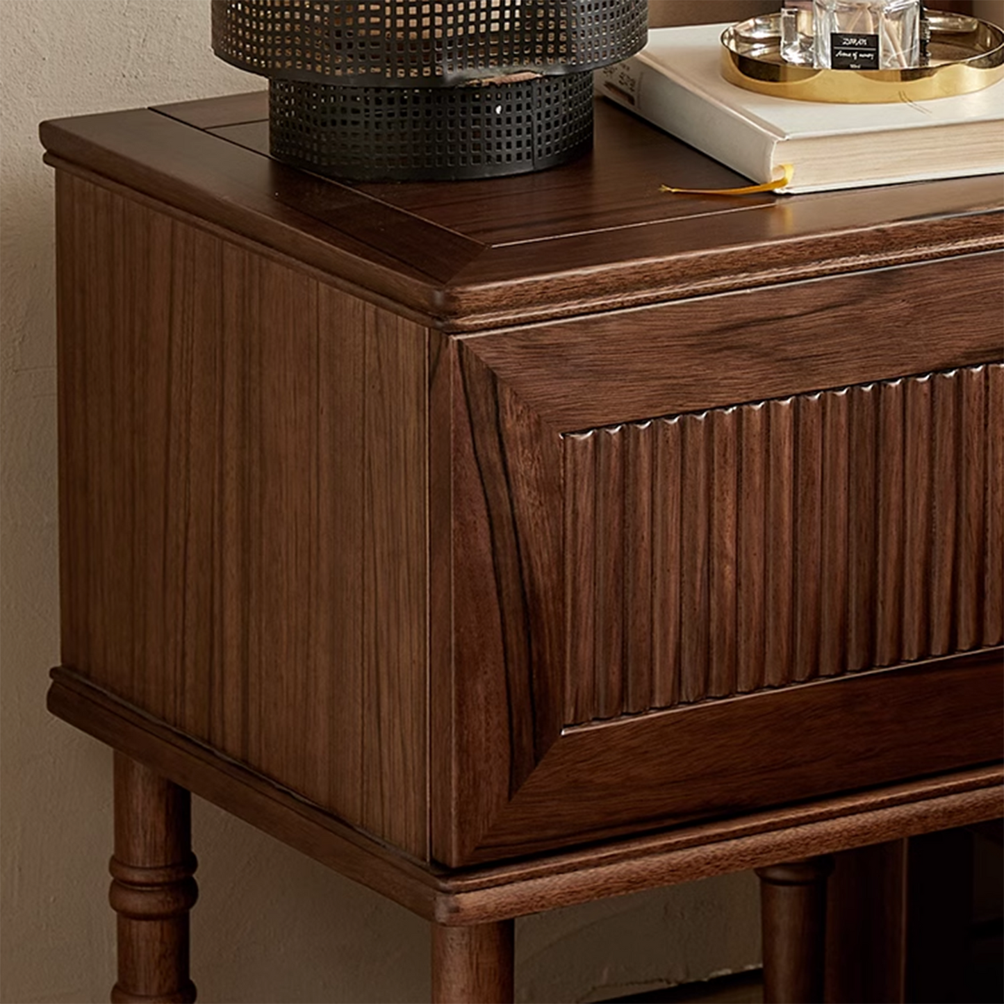 Retro Black Walnut Solid Wood Nightstands Left-Opening Storage Cabinet