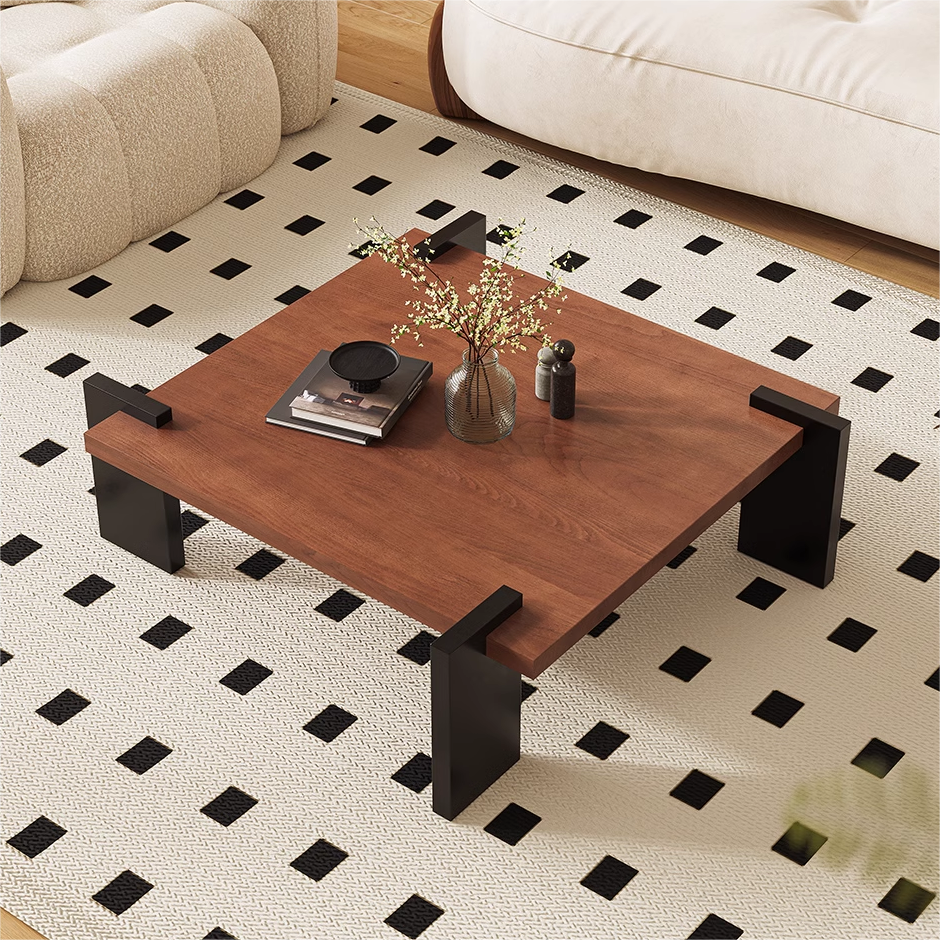 Solid Wood Square Coffee Table with Black Wooden Base, Heavy Wood Short Center Table