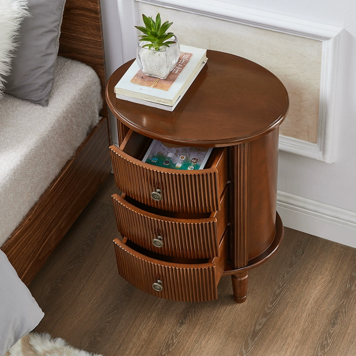 Oak Solid Wood Oval Storage Cabinet with 3 Drawer