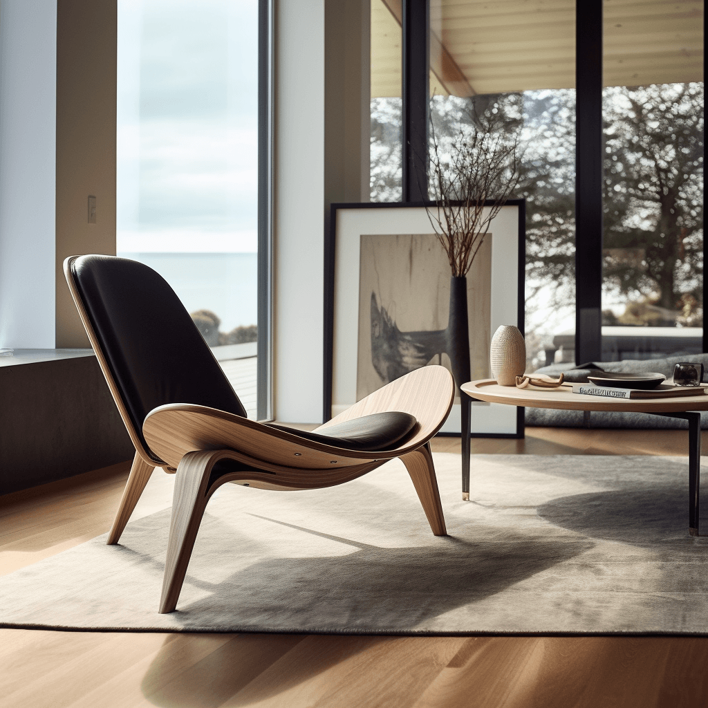 Modern Shell Chair Italian Leather Lounge Chair , Walnut