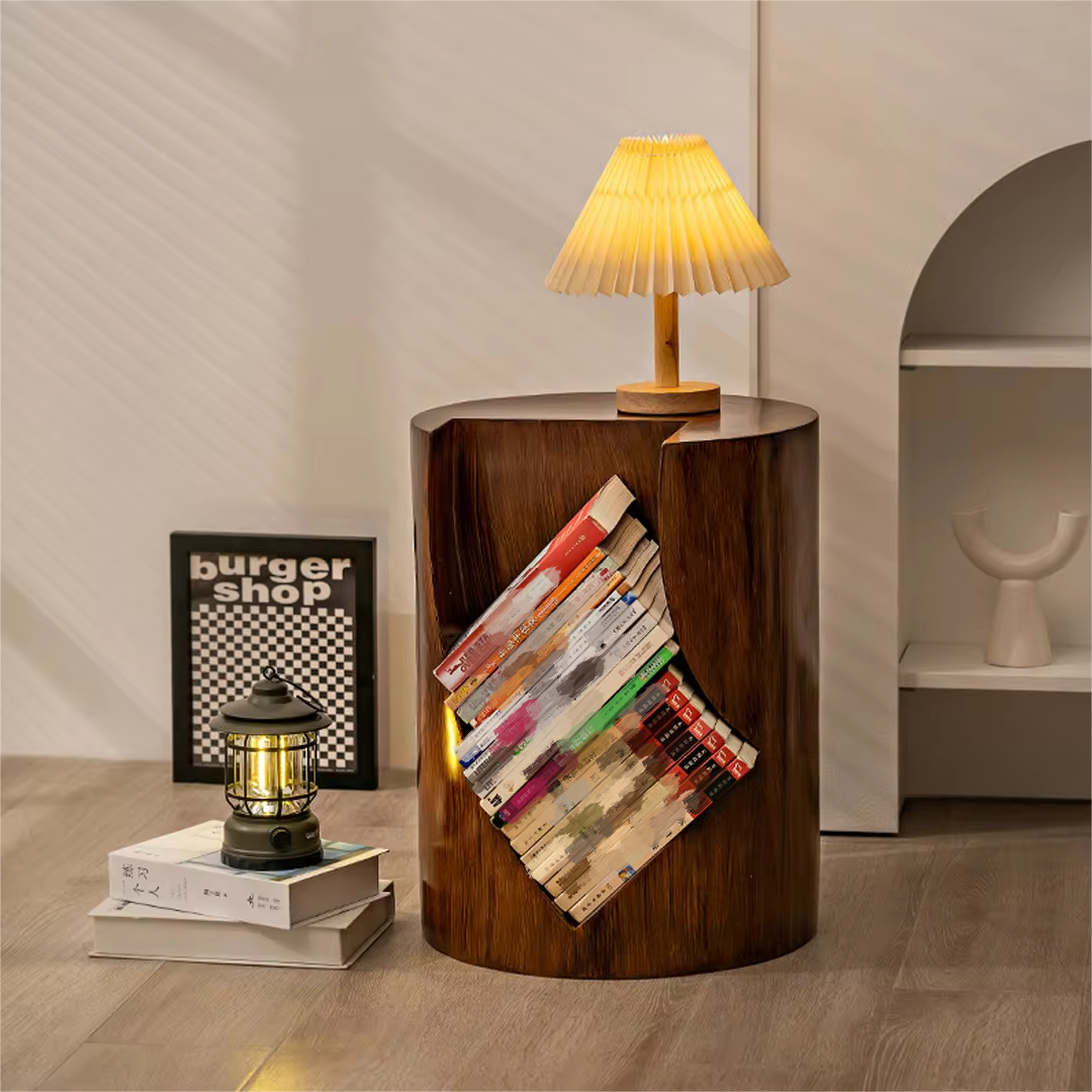 Tree Stump Side Table with Open Storage,Round Book Edge Cabinet,Creative Wooden Pile Storage