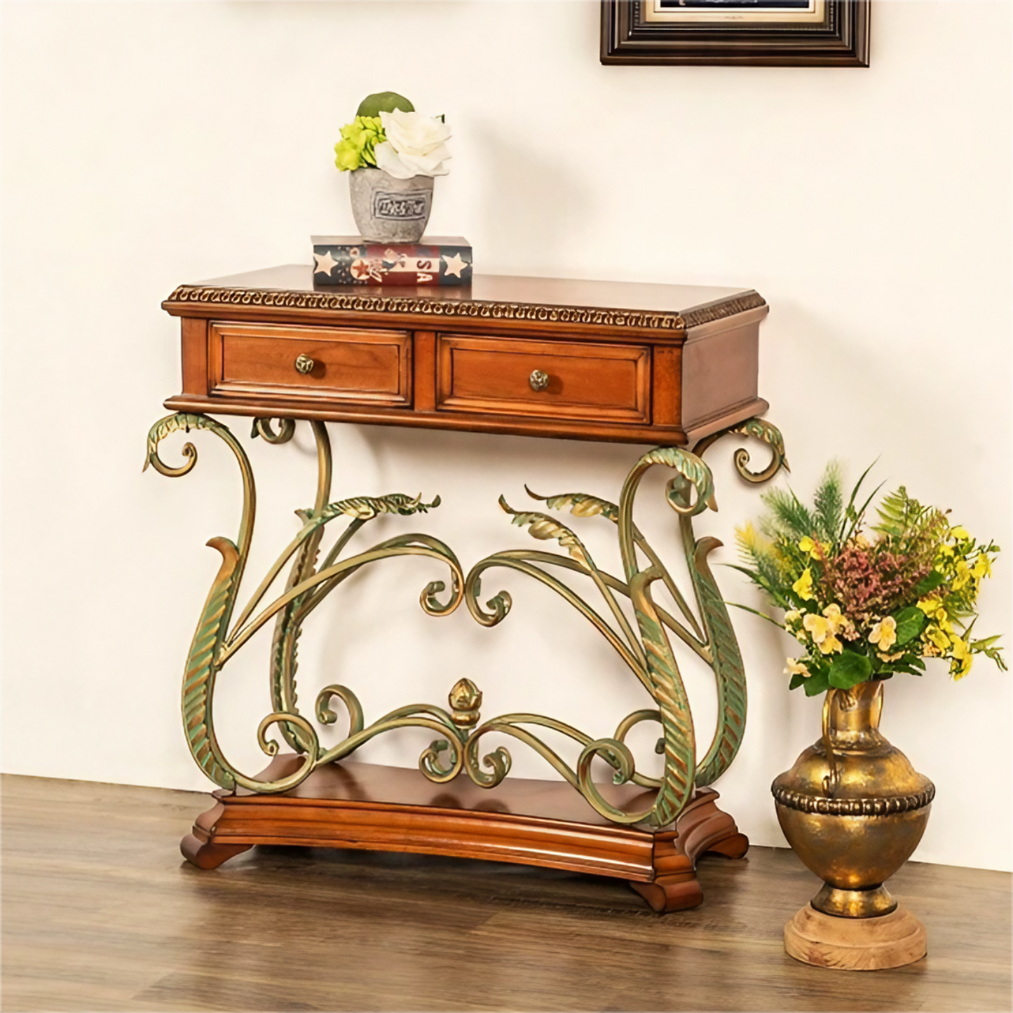 Retro Solid Wood Carving Console Table With 2 Drawers, Metal Flower Vine Table Legs