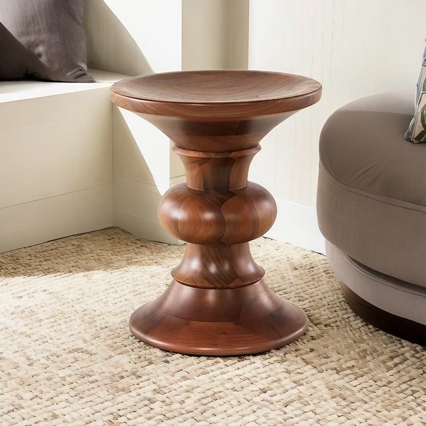 Vintage Walnut Handcrafted Solid Columns Stool Side Table