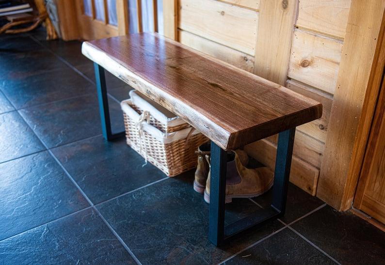 Live Edge Entryway Bench, Bedroom Bench, Industrial Style Steel Legs, Black Walnut - Woodartdeal