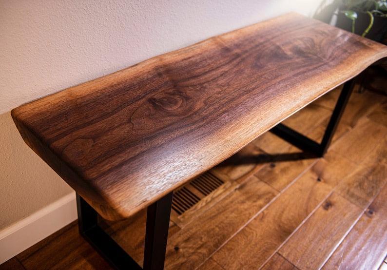 Live Edge Entryway Bench, Bedroom Bench, Industrial Style Steel Legs, Black Walnut - Woodartdeal