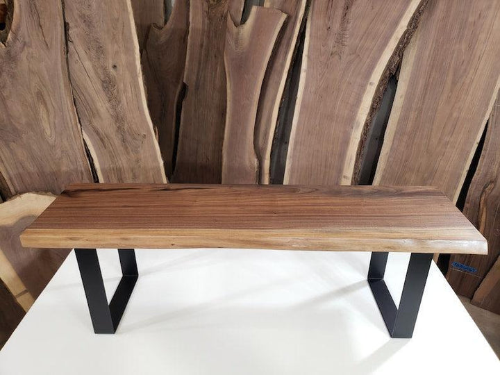 Live Edge Entryway Bench, Bedroom Bench, Industrial Style Steel Legs, Black Walnut - Woodartdeal