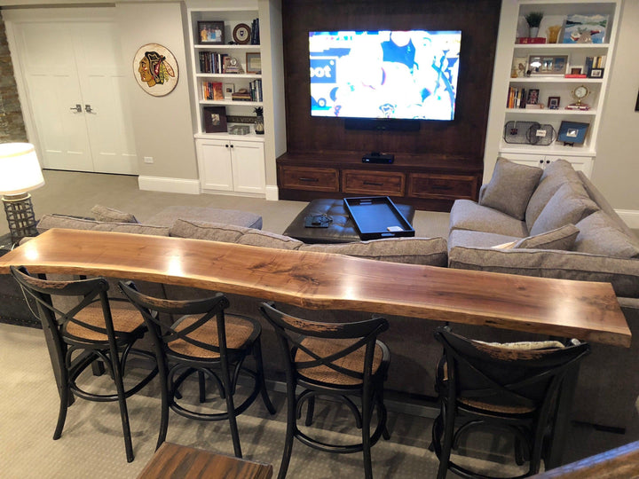 Live Edge Sofa Bar Table behind Couch Table, Industrial Style Steel Legs, Black Walnut - Woodartdeal