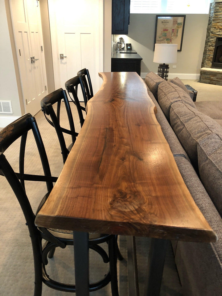 Live Edge Sofa Bar Table behind Couch Table, Industrial Style Steel Legs, Black Walnut - Woodartdeal