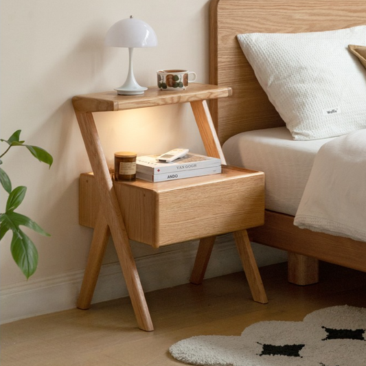 Oak Solid Wood Bedside Organizer with Integrated Lighting